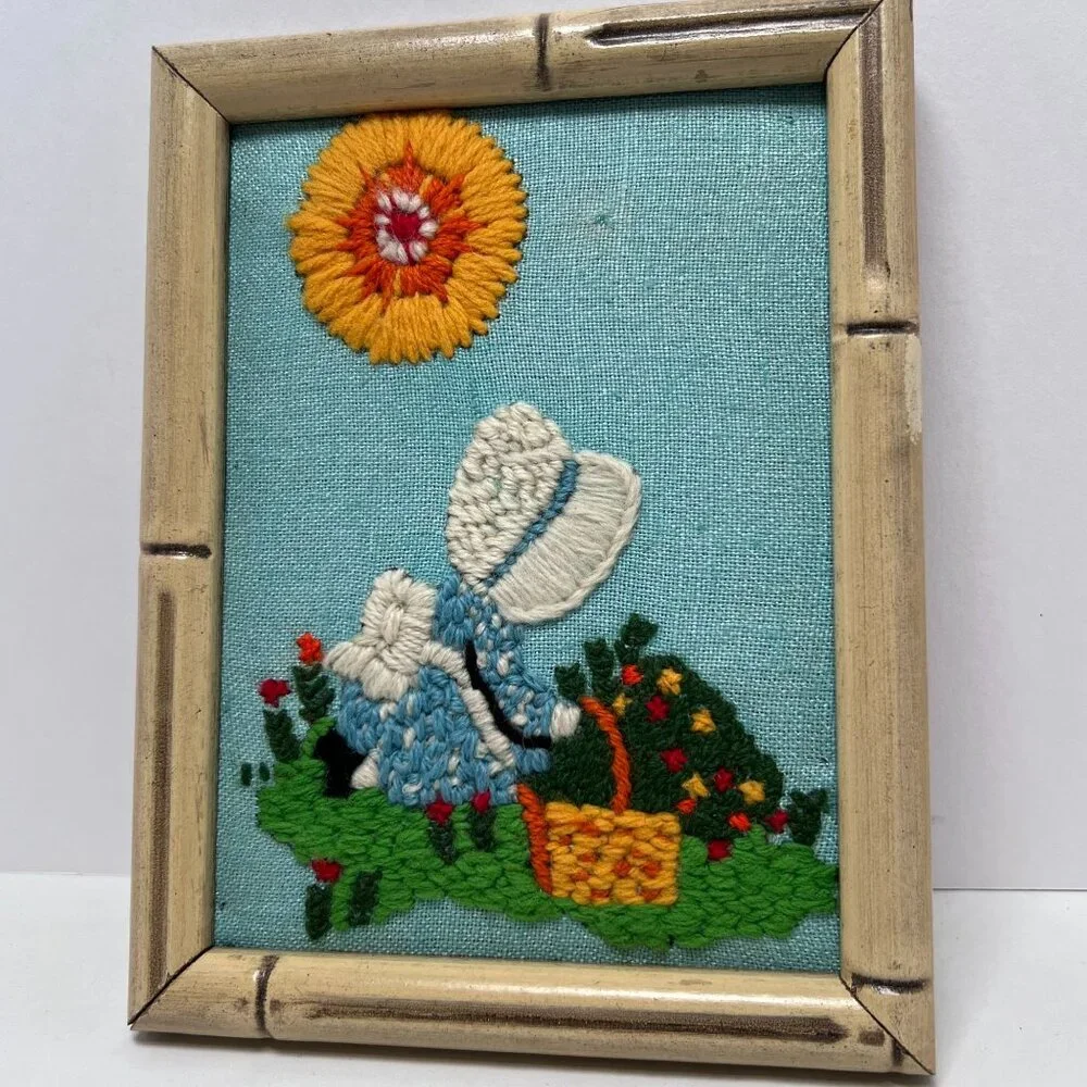 Framed Completed Crewel Holly Hobbie 1970's Girl with‎ Basket in Garden Sunshine